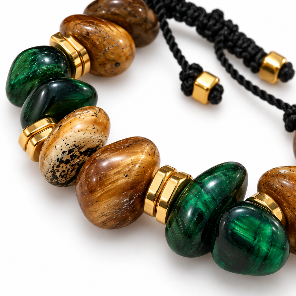 7agat close-up of irregular green Tiger Eye and camel brown gemstone beads with gold-tone hematite details