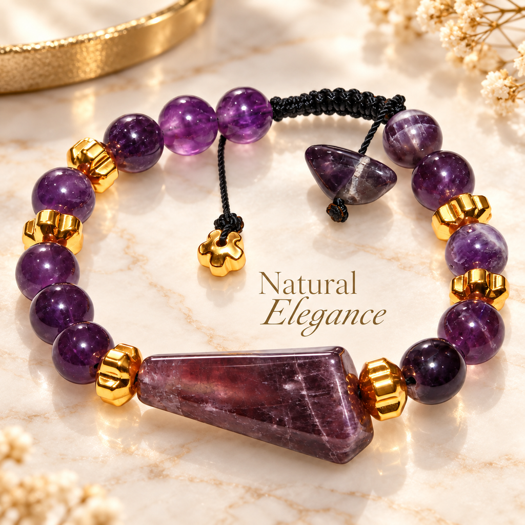 7agat amethyst bracelet styled on ivory marble with natural elegance presentation.