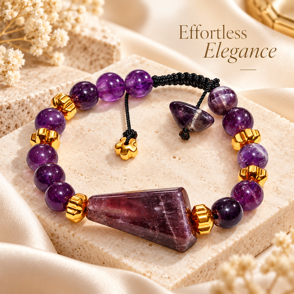 7agat lifestyle image of purple amethyst bracelet with gold-tone hematite accents.