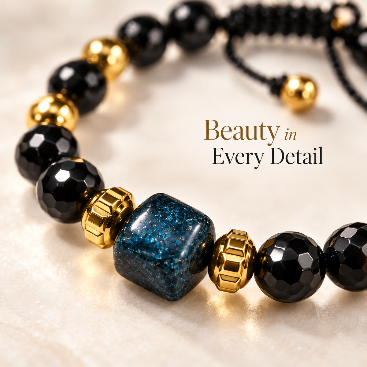 7agat close-up of 8mm faceted Onyx beads, gold Hematite spacers and hexagonal Agate.