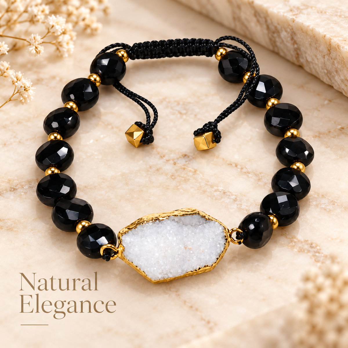 7agat black Onyx and White Quartz Agate bracelet.