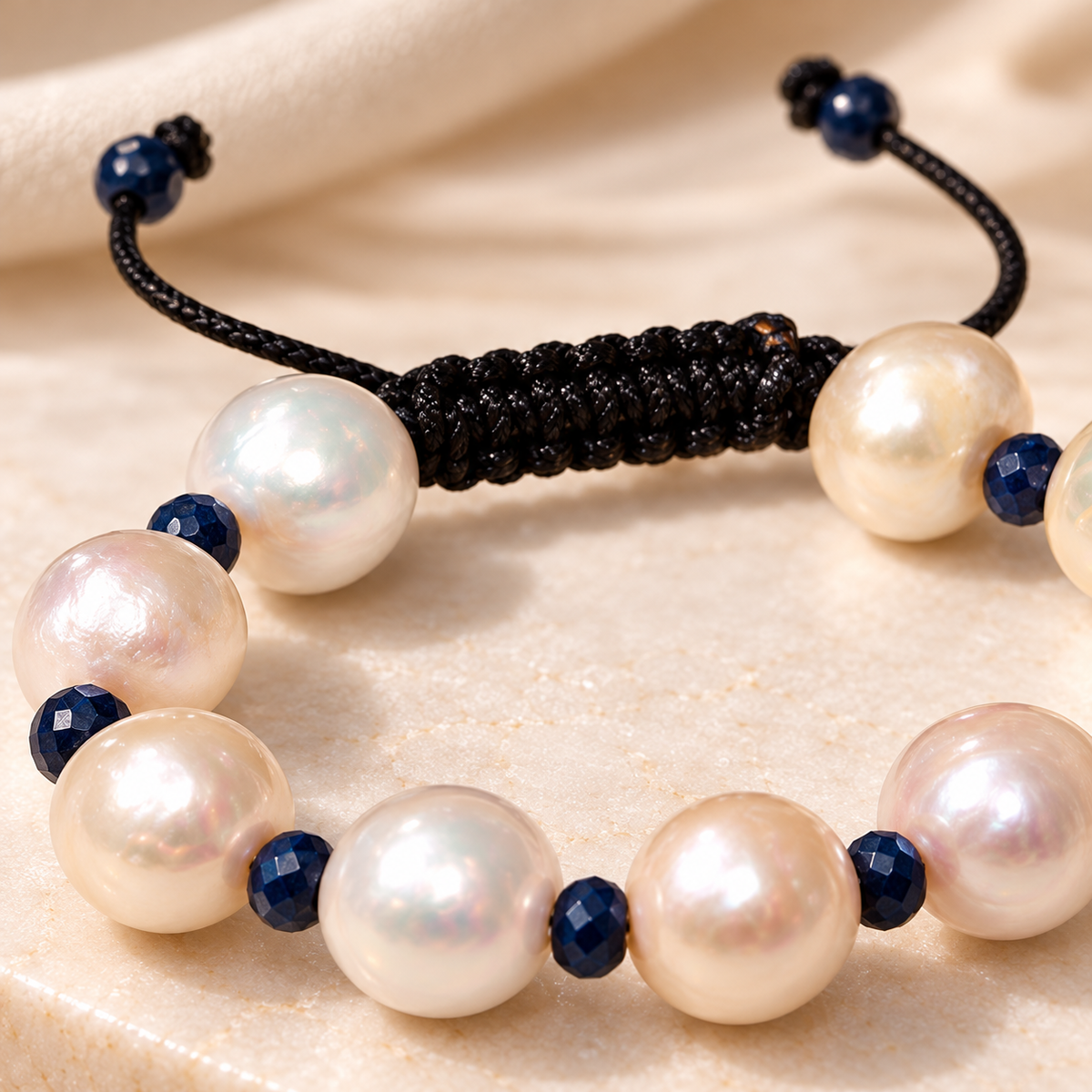 7AGAT Blue Sapphire and Cultured Pearl Bracelet close-up showing the adjustable black braided sliding knot, 8 mm white pearls and 4 mm faceted sapphire beads.