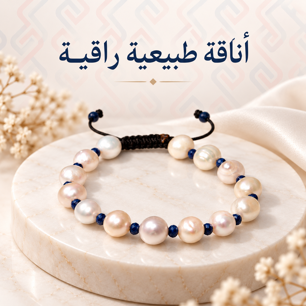 7AGAT White Cultured Pearl and Blue Sapphire Bracelet featuring luminous pearl beads and small deep-blue faceted gemstone spacers on a round marble tray.