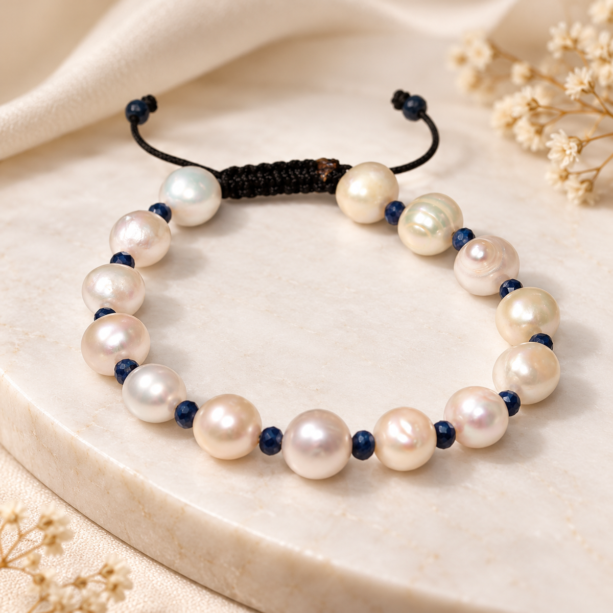 7AGAT Blue Sapphire and White Cultured Pearl Bracelet with 8 mm pearls, 4 mm faceted dark blue spacers and adjustable black cord on cream marble.