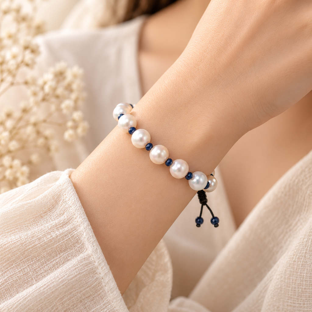 7AGAT White Cultured Pearl and Blue Sapphire Bracelet styled on a woman's wrist with visible black adjustable cords and navy-blue gemstone beads.