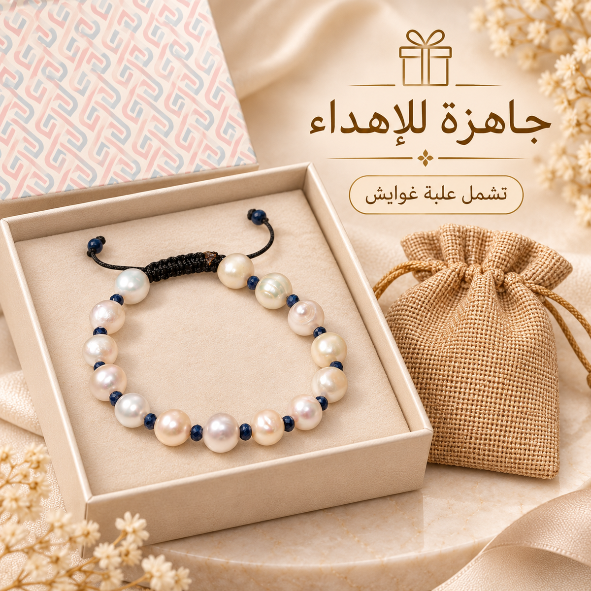 7AGAT Blue Sapphire and White Cultured Pearl Bracelet presented inside a beige jewelry gift box beside a decorative jute pouch.