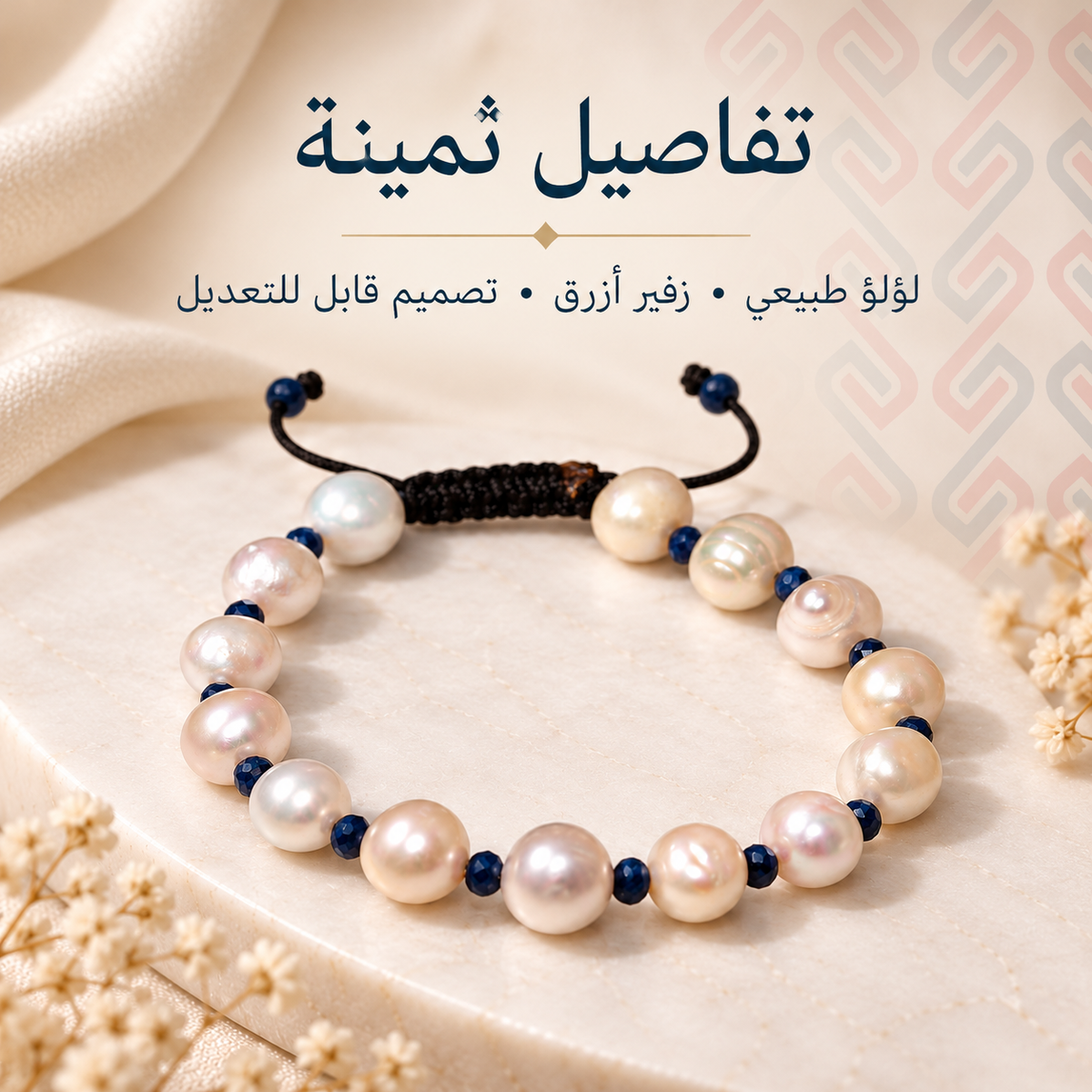 7AGAT Blue Sapphire and White Cultured Pearl Bracelet with 8 mm pearls, 4 mm faceted blue sapphire spacers and adjustable black cord displayed on cream marble.
