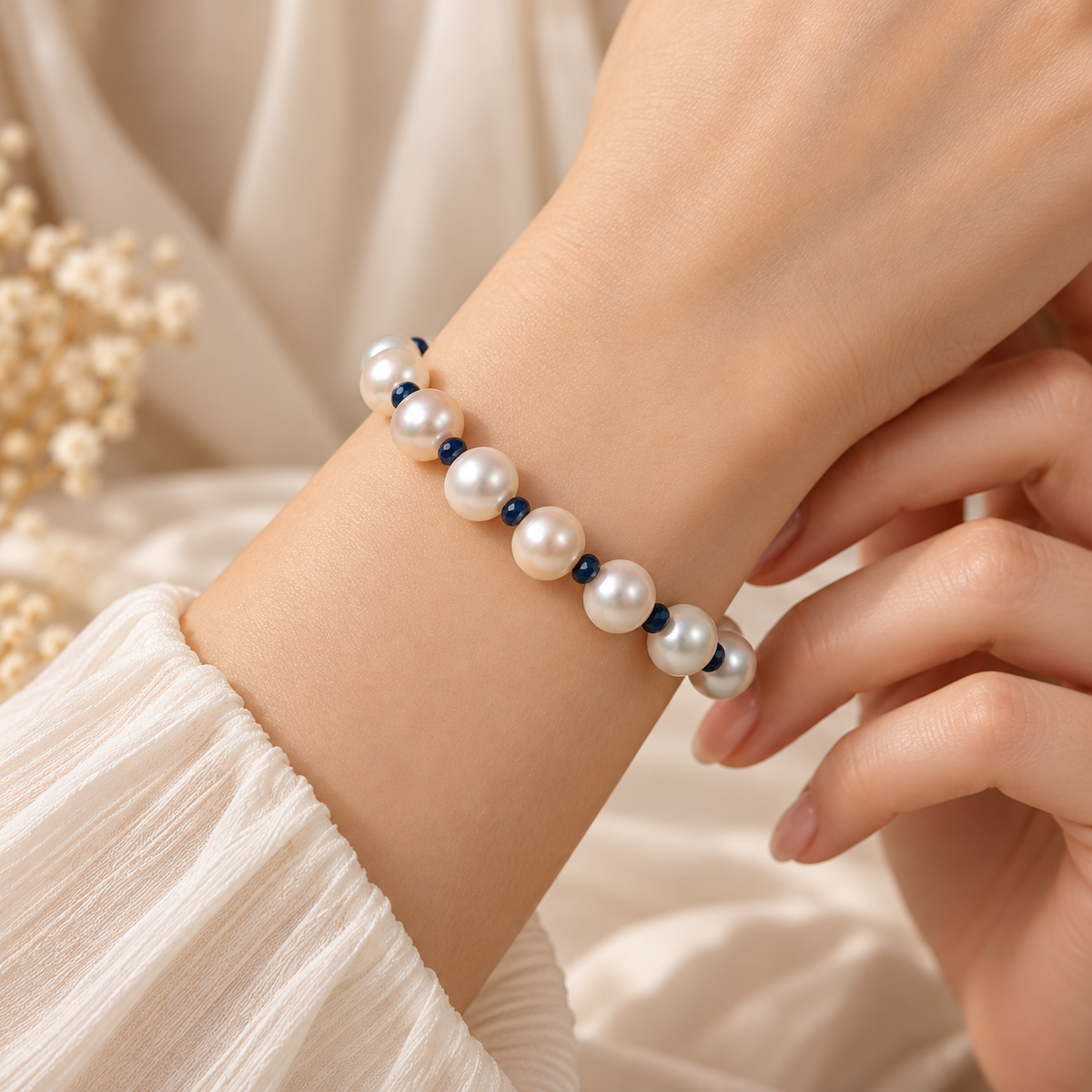 7AGAT Blue Sapphire and White Cultured Pearl Bracelet worn on a wrist with elegant white pearls and dark blue faceted gemstone spacers.