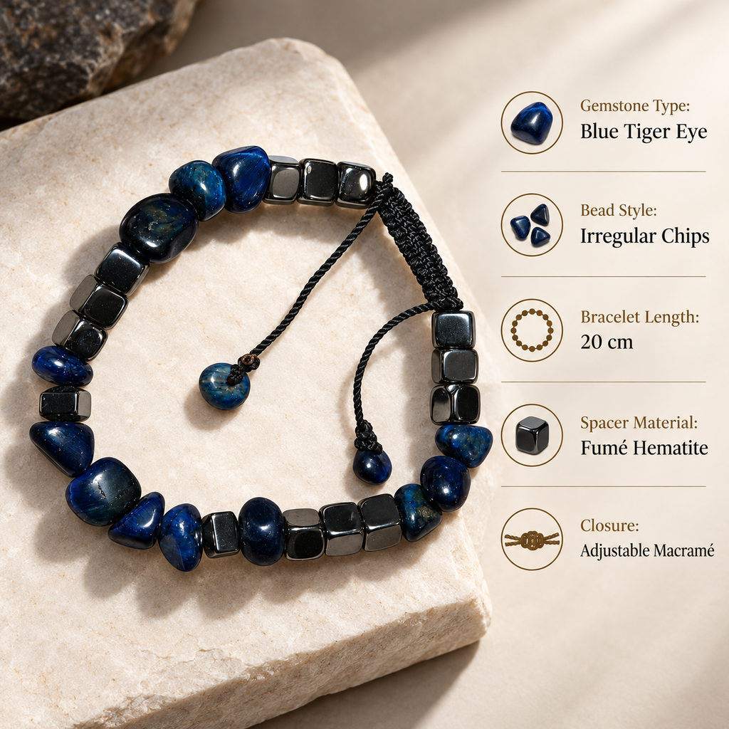 7agat Blue Tiger Eye irregular chip bracelet showing Fumé Hematite and 20cm size details.