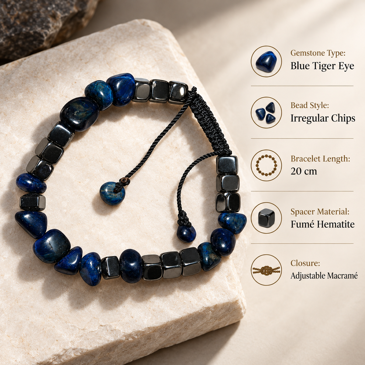 7agat Blue Tiger Eye irregular chip bracelet showing Fumé Hematite and 20cm size details.