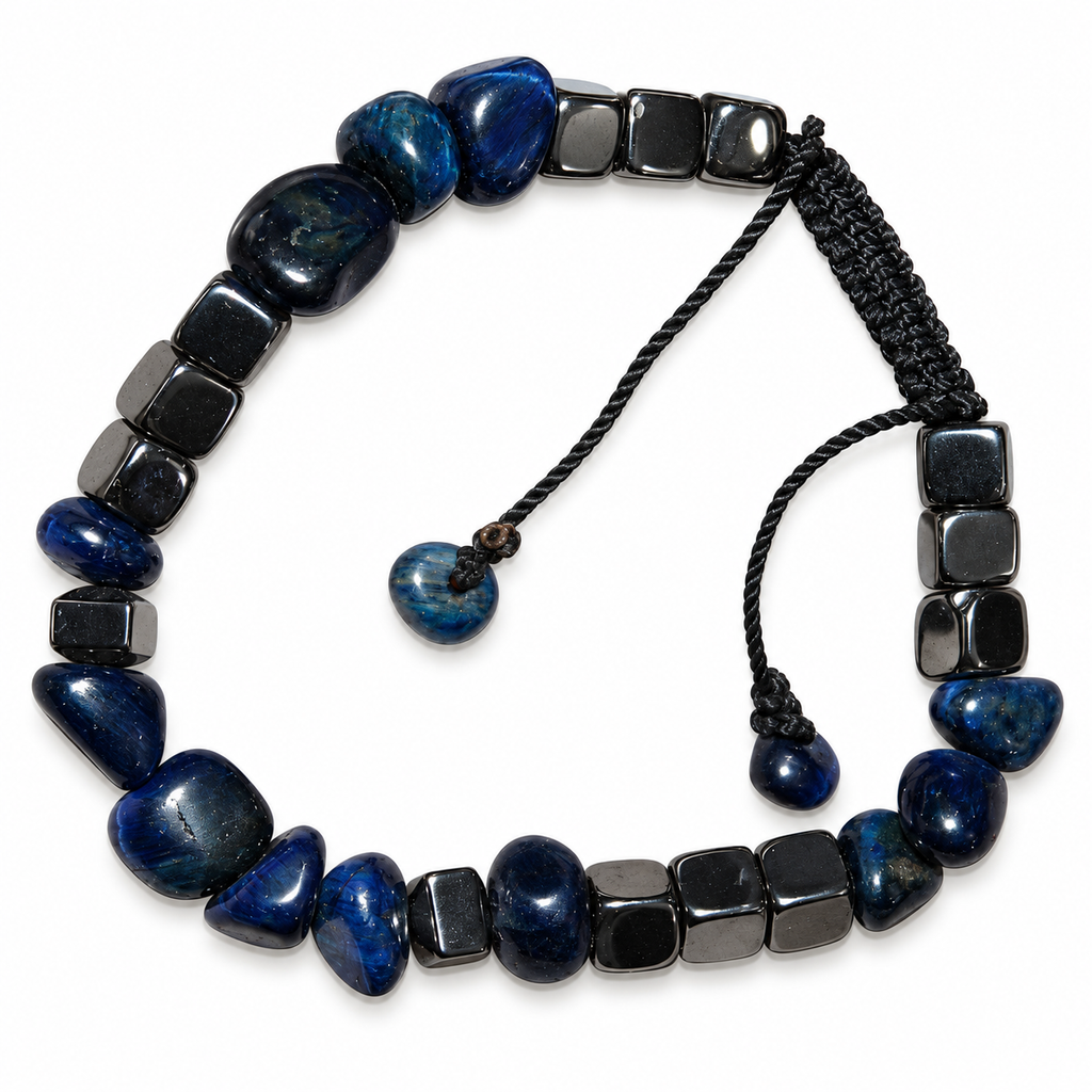 7agat Blue Tiger Eye irregular chip bracelet with Fumé Hematite spacers.