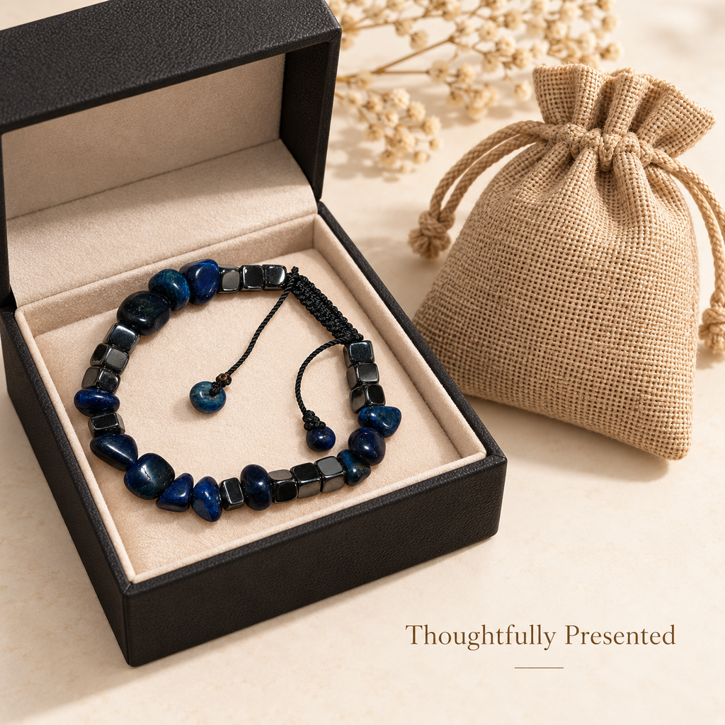 7agat Blue Tiger Eye bracelet with Fumé Hematite presented beside jewelry box and burlap pouch.