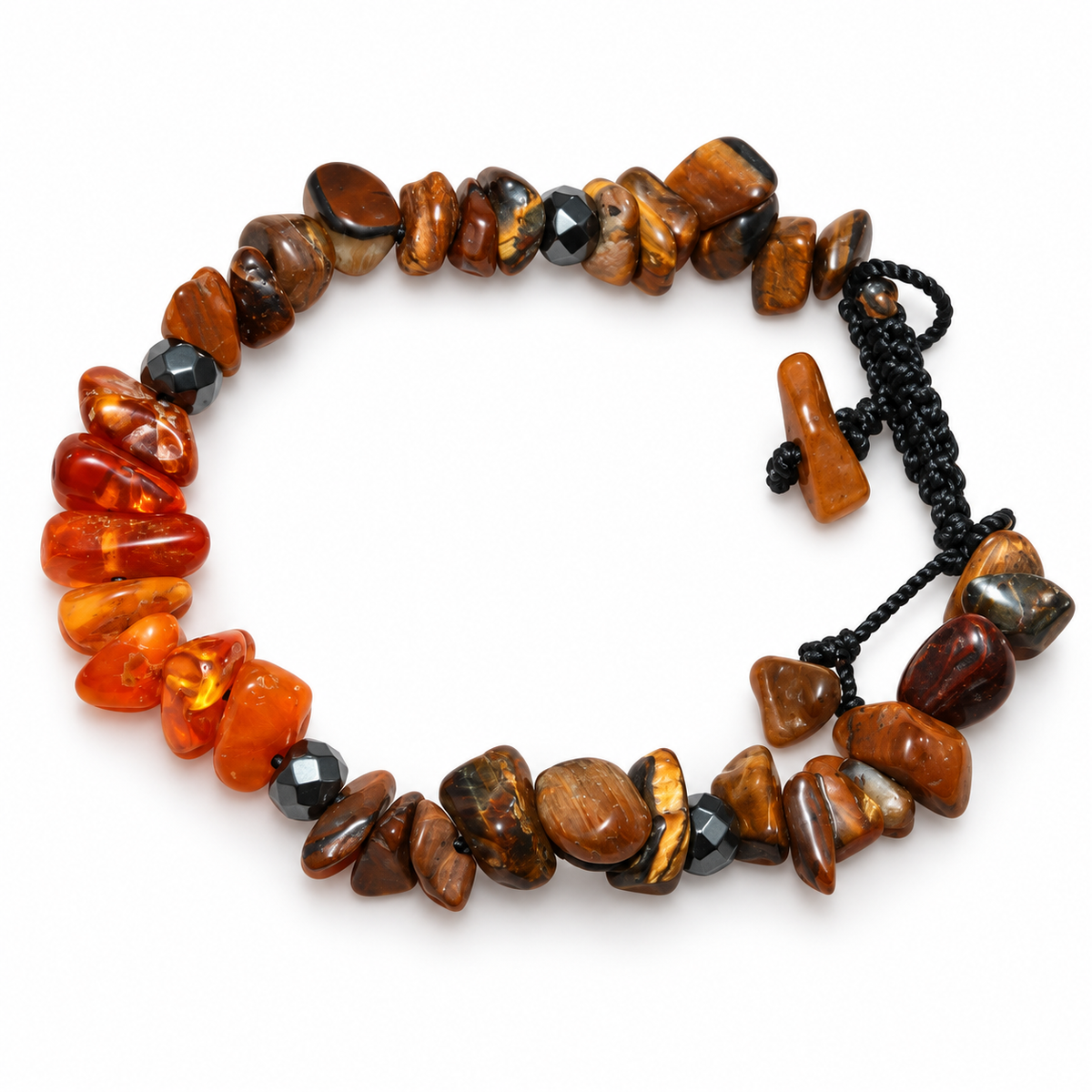 7agat Brown Tiger Eye and Natural Amber chip bracelet with dark Fumé Hematite spacers.