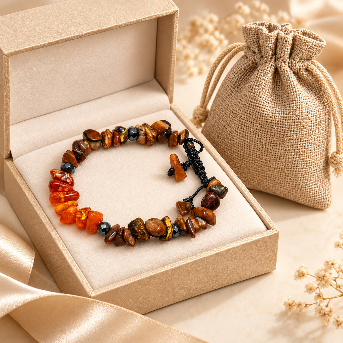 7agat Brown Tiger Eye and amber chip bracelet in an illustrative jewelry box and burlap bag presentation.