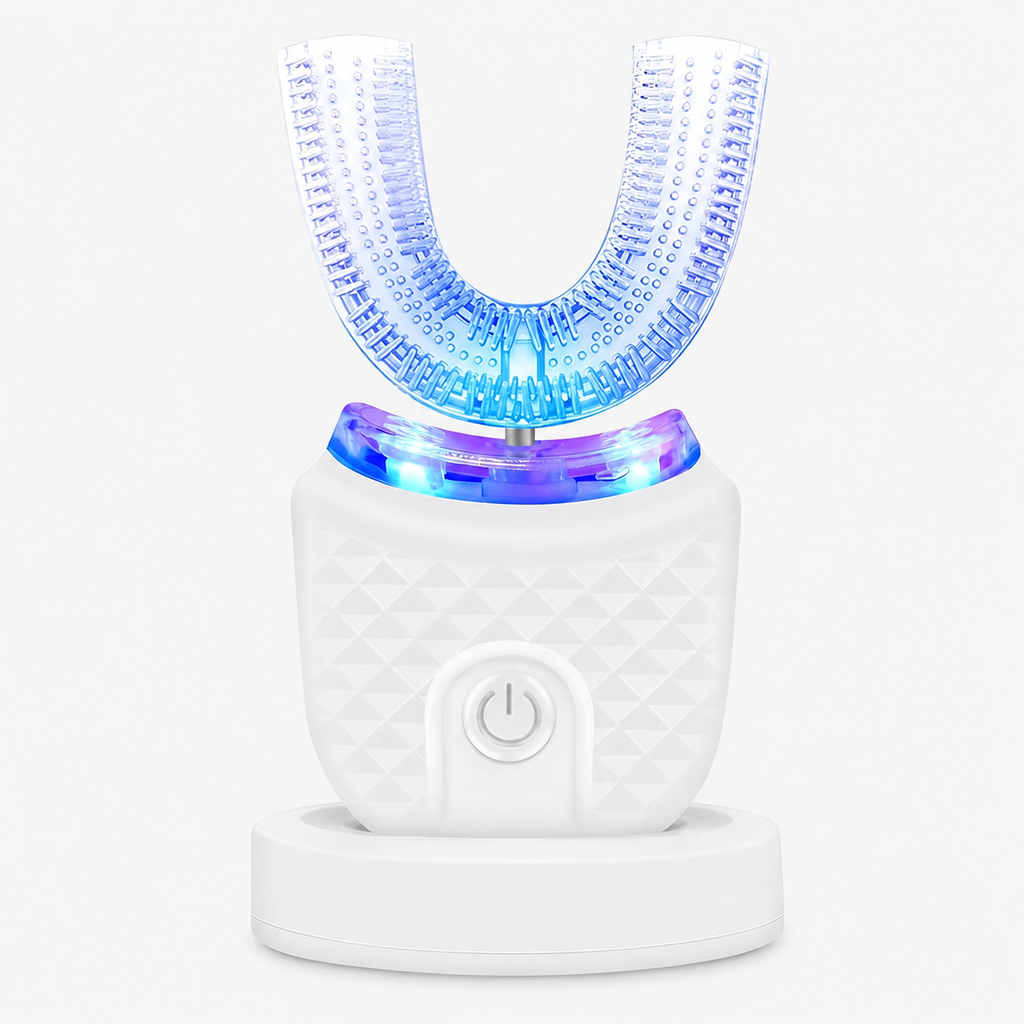 U-shaped electric toothbrush by 7AGAT with wireless charging base, designed for teeth whitening and dental care.