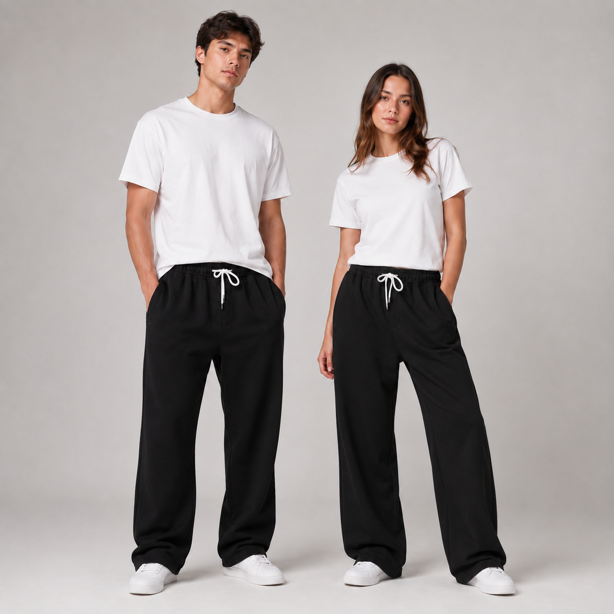 A man and a woman modeling matching outfits of white short-sleeve crewneck t-shirts and black wide-leg sweatpants with white drawstrings, standing against a neutral light gray studio background.
