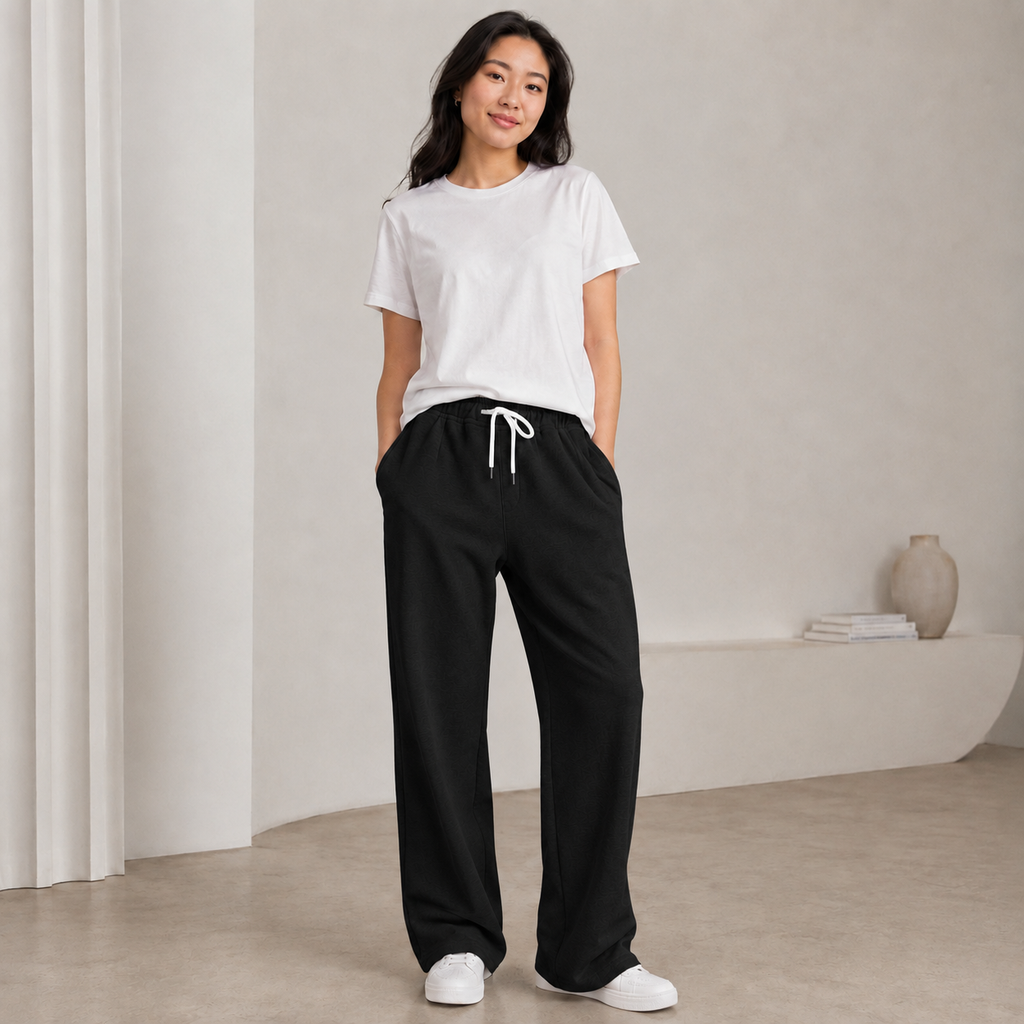 A woman stands indoors wearing loose black drawstring pants, a white short-sleeve T-shirt, and white sneakers in a minimal neutral room with a bench and vase in the background.