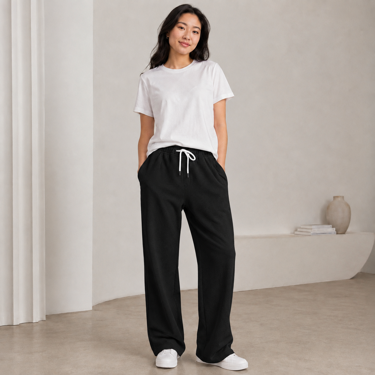 A woman stands indoors wearing loose black drawstring pants, a white short-sleeve T-shirt, and white sneakers in a minimal neutral room with a bench and vase in the background.