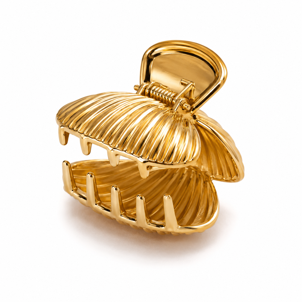 Set of two gold-tone metal hair clips with sea-inspired shapes, claw and clip styles for women and girls by 7AGAT.