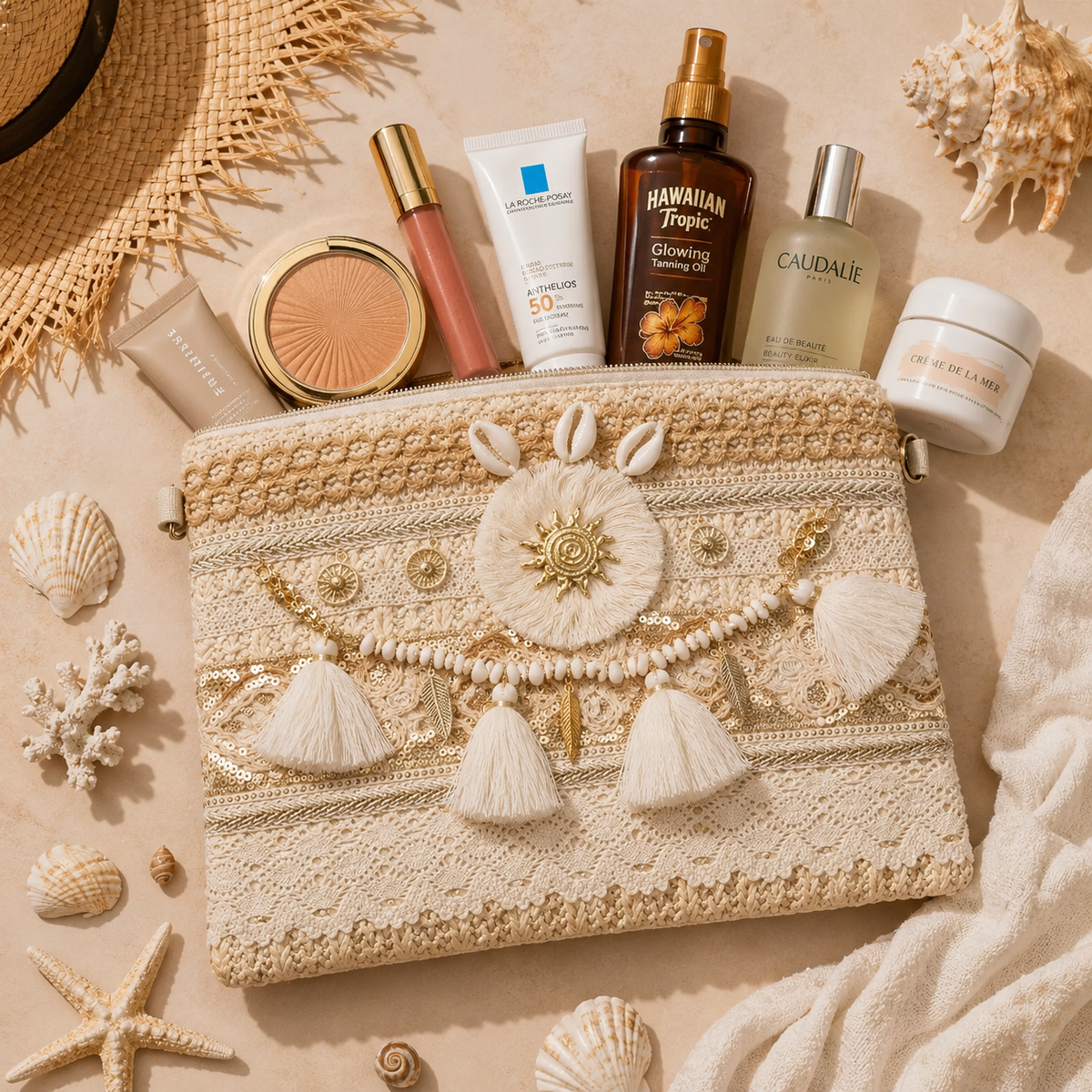 Women’s handmade woven straw clutch bag with gold chain straps, stylish shoulder and hand carry handbag by 7AGAT.