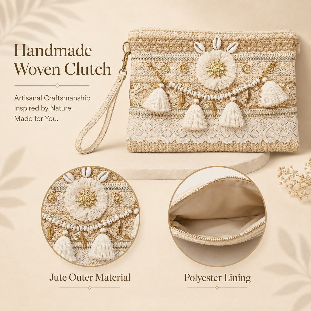 Women’s handmade woven straw clutch bag with gold chain straps, versatile shoulder and hand carry handbag by 7AGAT.
