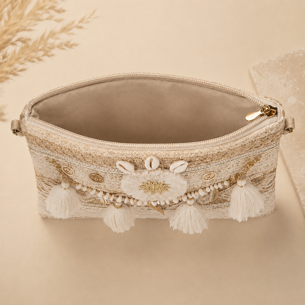 Women’s handmade woven straw clutch bag by 7AGAT with gold chain straps, featuring shoulder and hand carry options.