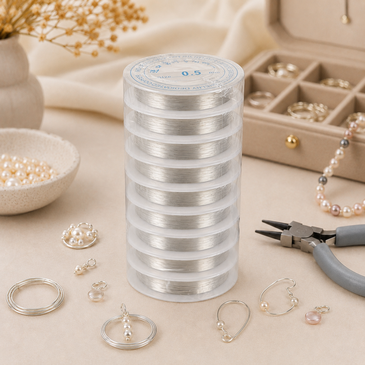 10 silver aluminum wire spools from 7AGAT, 0.5mm beading cord for jewelry making, beading, wrapping, and DIY craft projects.