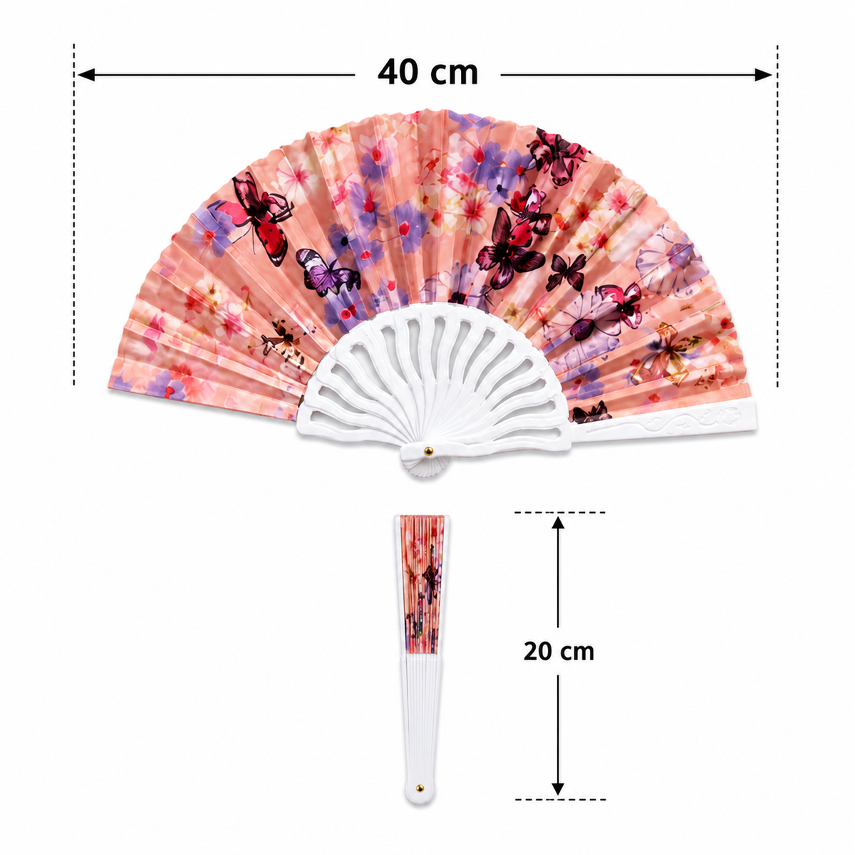 Colorful folding hand fan from 7AGAT with floral and flamingo designs, lightweight and portable with a plastic handle.