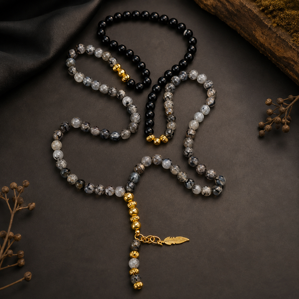 Handmade 7AGAT rosary with 99 natural tree agate beads, separators, golden tassel, luxury prayer beads for spiritual practice