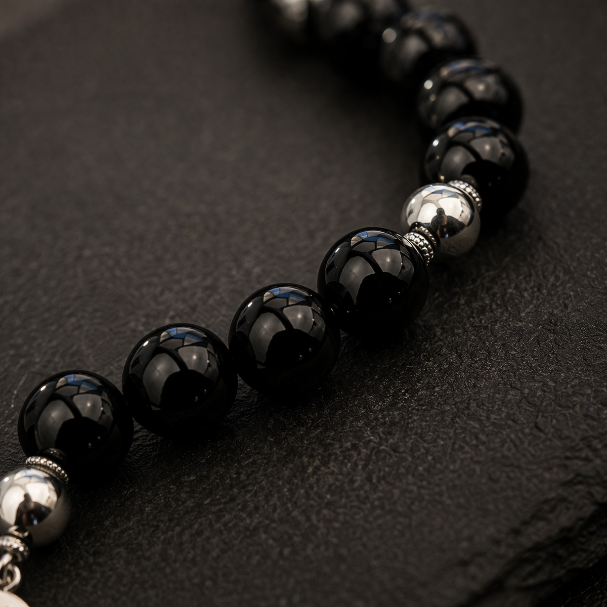 Handmade 7AGAT rosary with 33 black glass beads, 10mm glossy prayer beads, classic handcrafted luxury rosary for prayer or meditation.