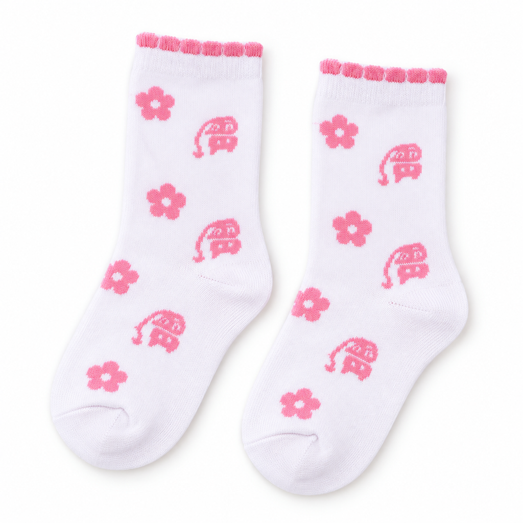 4 Pairs Girls Cotton Socks with Cute Floral & Fruit Designs, Soft Comfortable Crew Socks, 3 White + 1 Pink