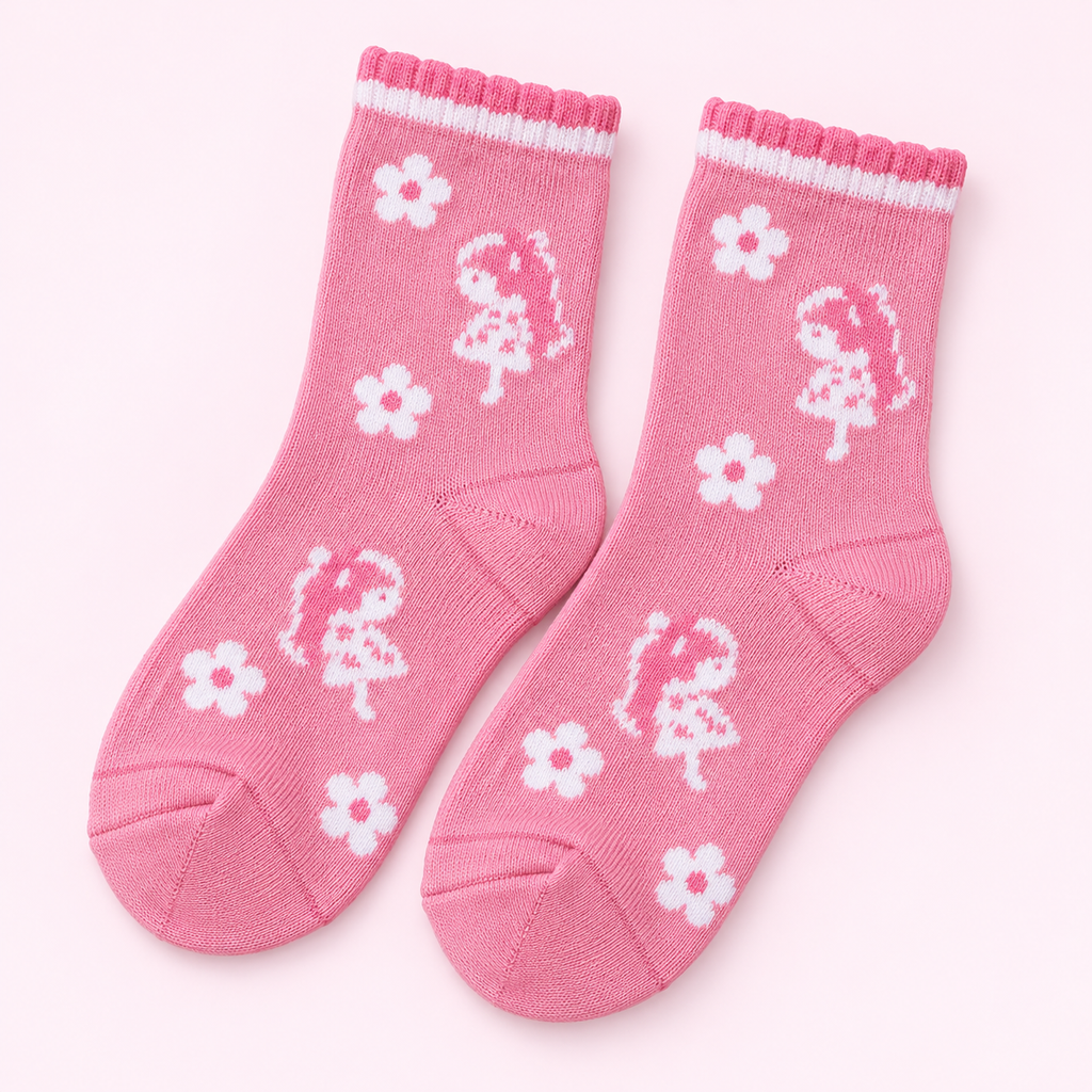 4 Pairs Girls Cotton Socks with Cute Floral & Fruit Designs, Soft Comfortable Crew Socks, 3 White + 1 Pink