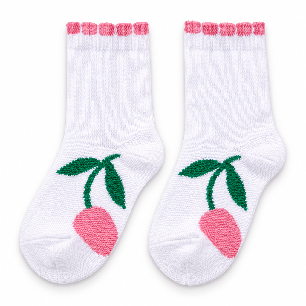 4 Pairs Girls Cotton Socks with Cute Floral & Fruit Designs, Soft Comfortable Crew Socks, 3 White + 1 Pink