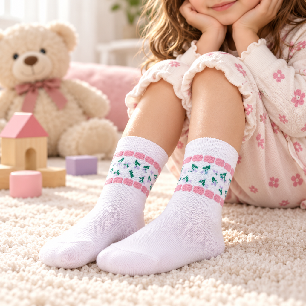 4 Pairs Girls Cotton Socks with Cute Floral & Fruit Designs, Soft Comfortable Crew Socks, 3 White + 1 Pink