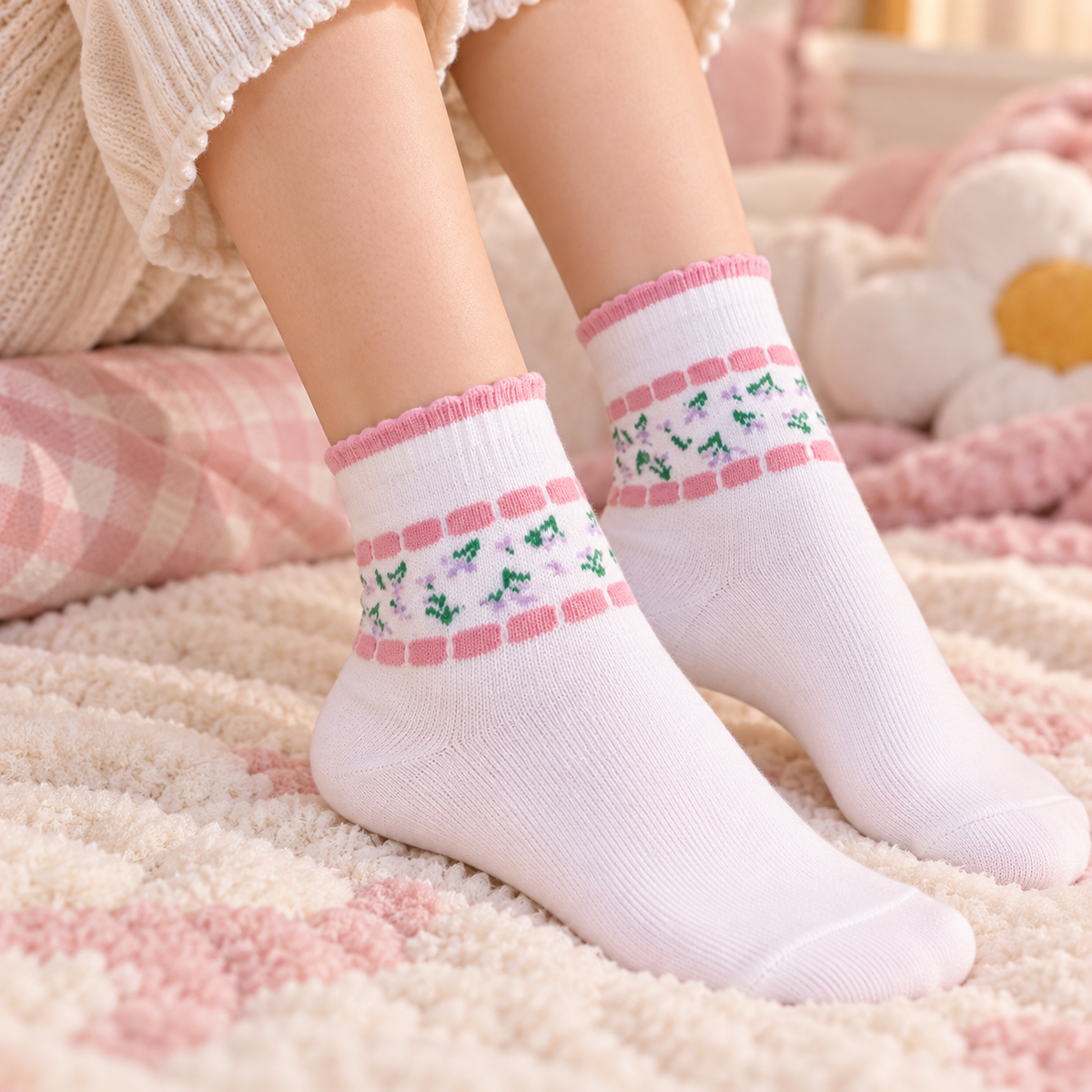 4 Pairs Girls Cotton Socks with Cute Floral & Fruit Designs, Soft Comfortable Crew Socks, 3 White + 1 Pink