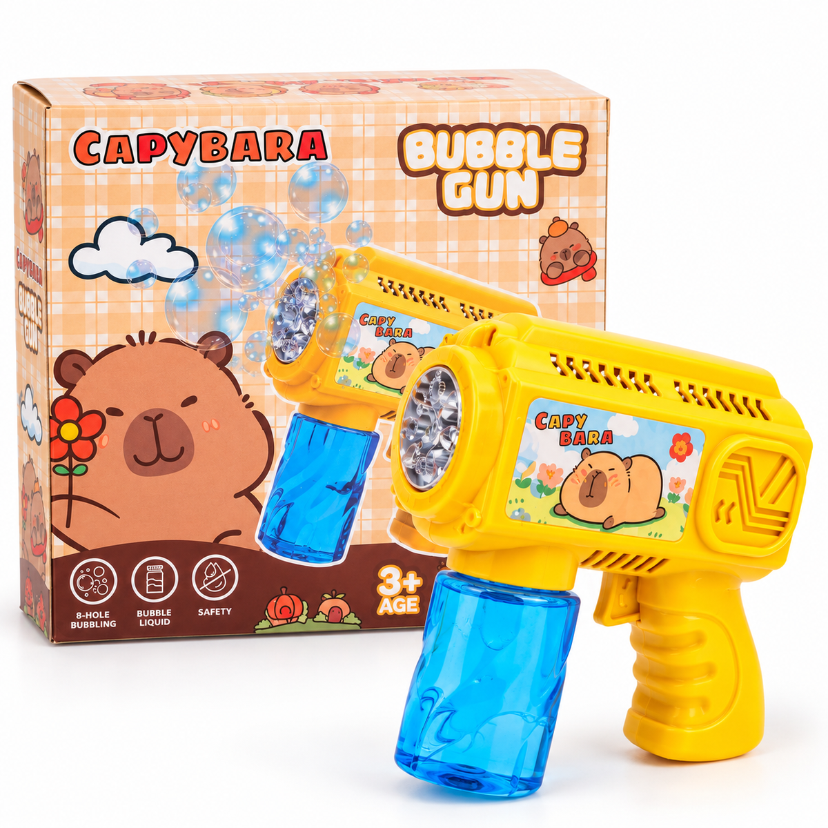 8-Hole Bubble Gun Toy with Colorful Cartoon Design & Detachable Bottle for Outdoor Play