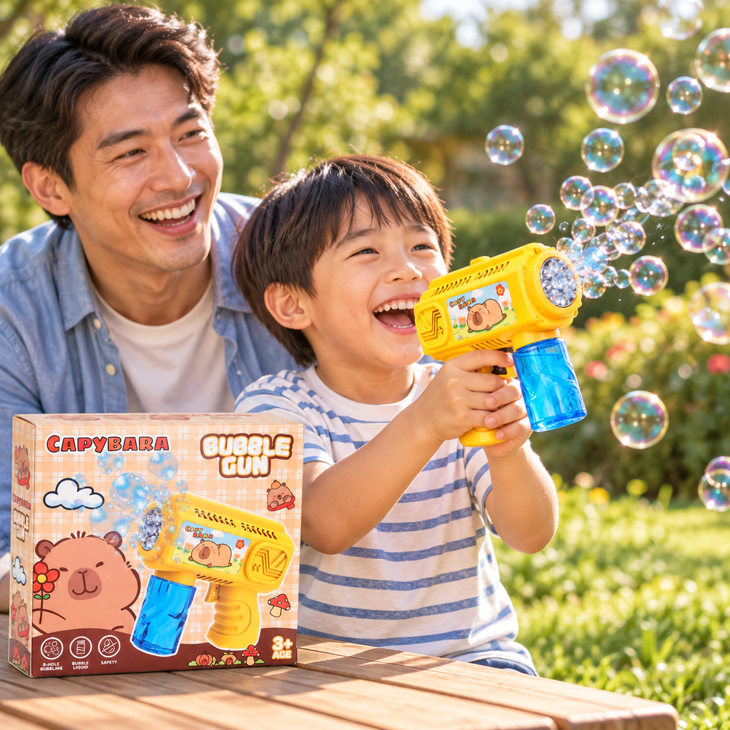 8-Hole Bubble Gun Toy with Colorful Cartoon Design & Detachable Bottle for Outdoor Play
