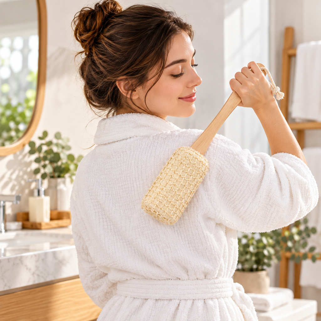 7AGAT long handle back scrubber with natural sisal head and wooden body brush for exfoliation, hanging rope included.