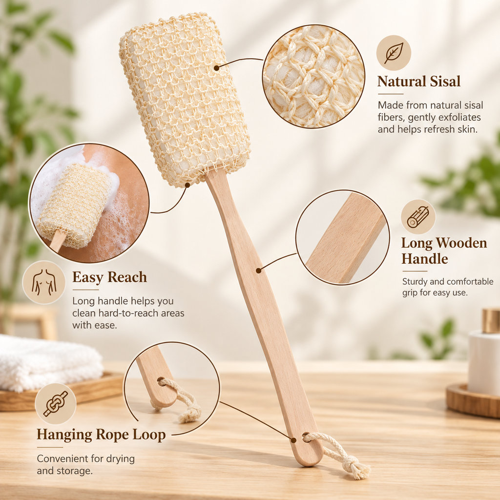 7AGAT long handle back scrubber with natural sisal head and wooden handle, 40 cm bath brush for body exfoliation with hanging rope.