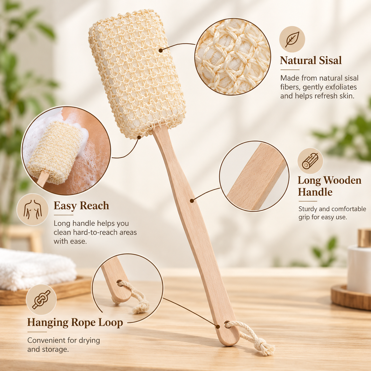 7AGAT long handle back scrubber with natural sisal head and wooden handle, 40 cm bath brush for body exfoliation with hanging rope.