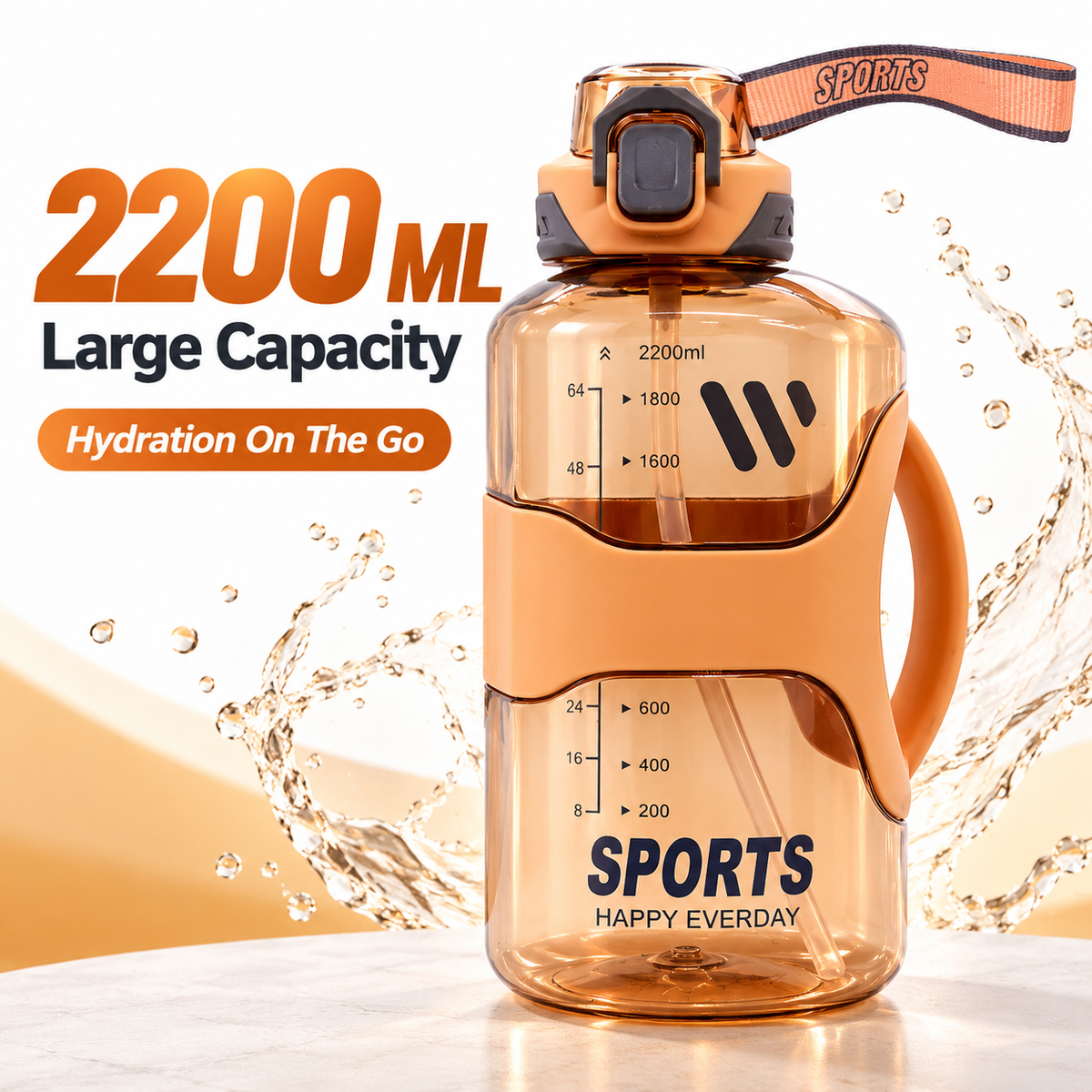 7AGAT 2200ml sports water bottle with straw, handle, and wrist strap for easy hydration during workouts and outdoor activities.