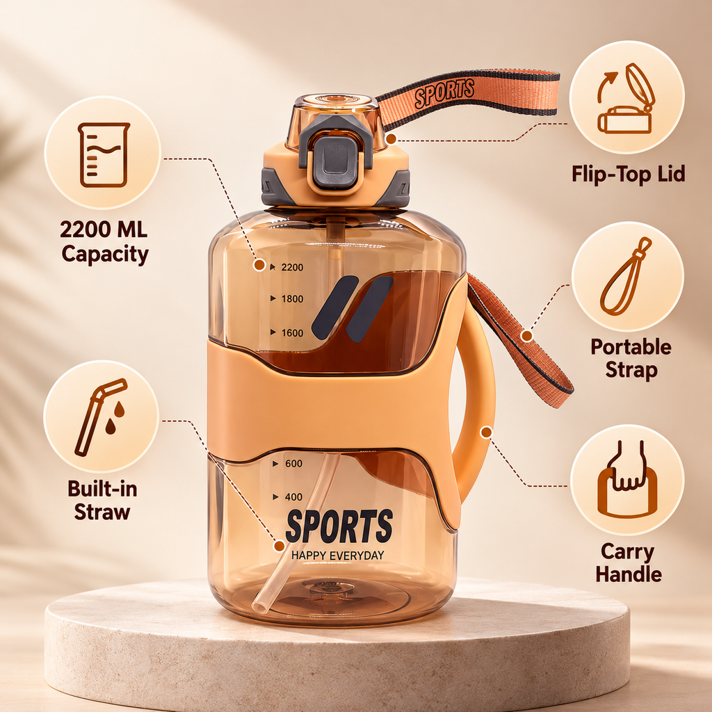 7AGAT 2200ml sports water bottle with straw, handle, and wrist strap for easy hydration during activities