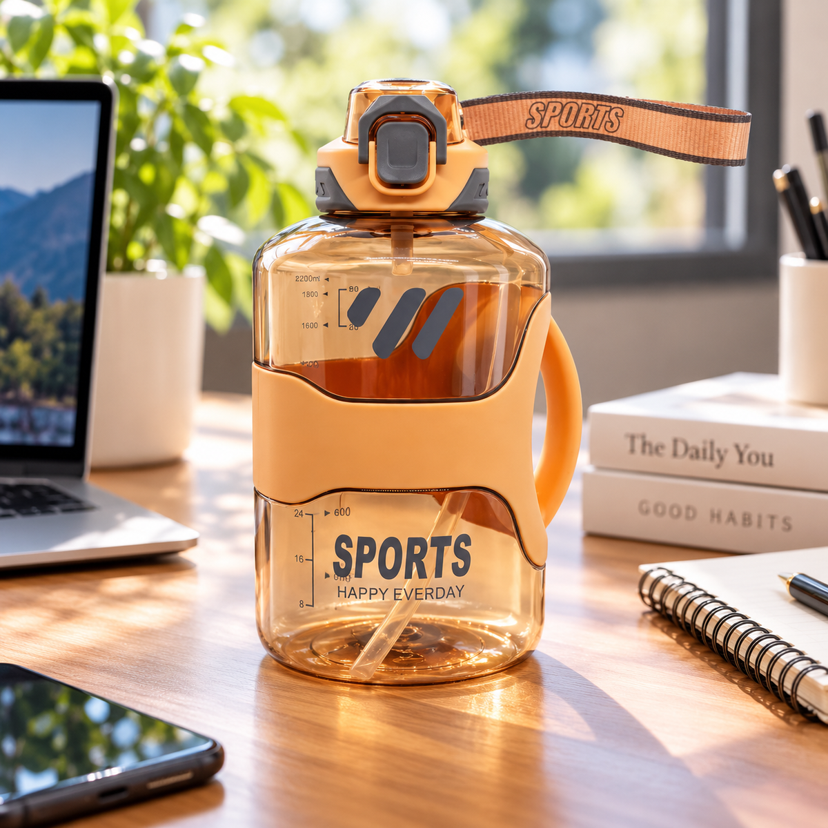 7AGAT 2200ml sports water bottle with straw, handle, and wrist strap, made of durable plastic for outdoor hydration.