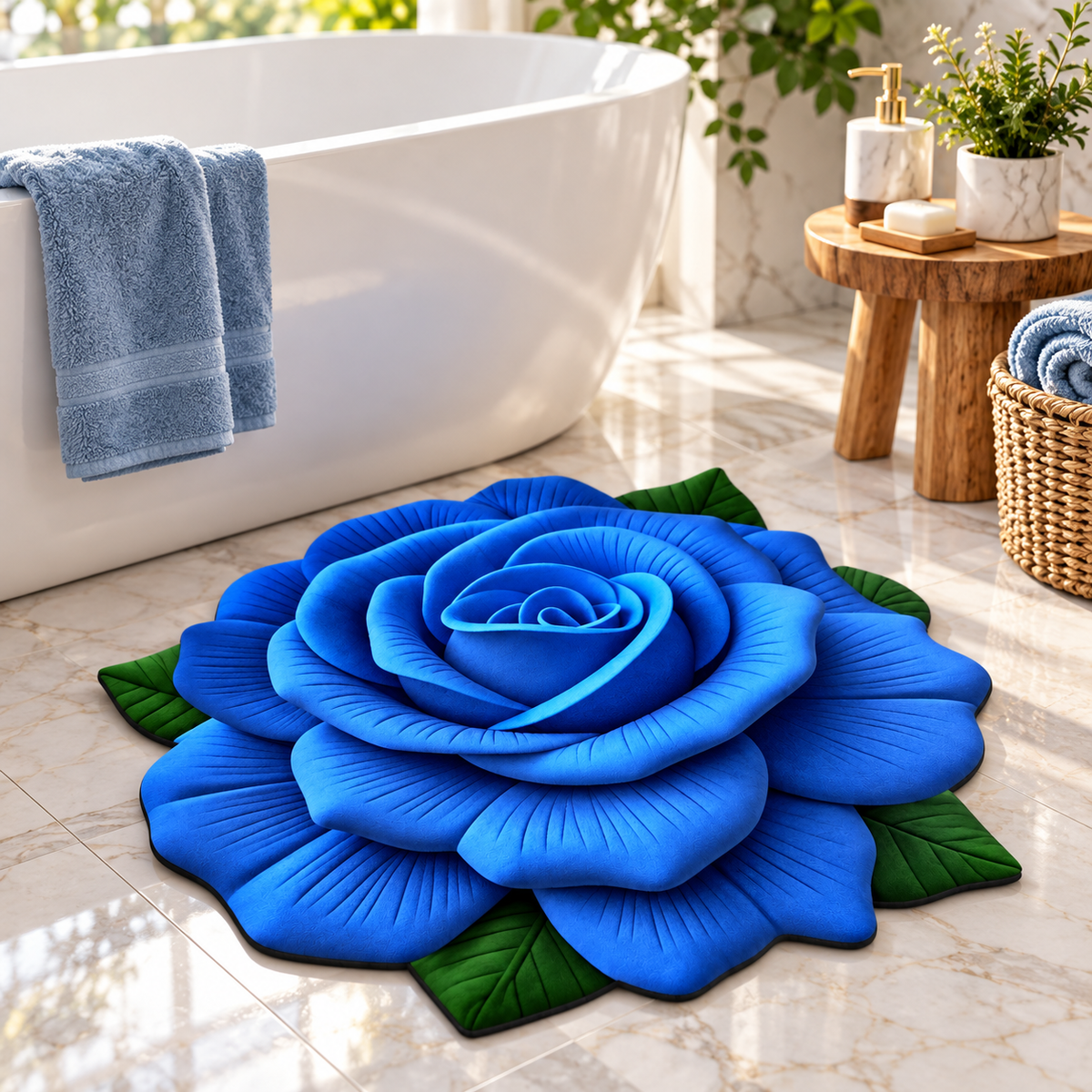 7AGAT 3D blue rose bath rug with layered floral design, perfect for bathroom and home décor.
