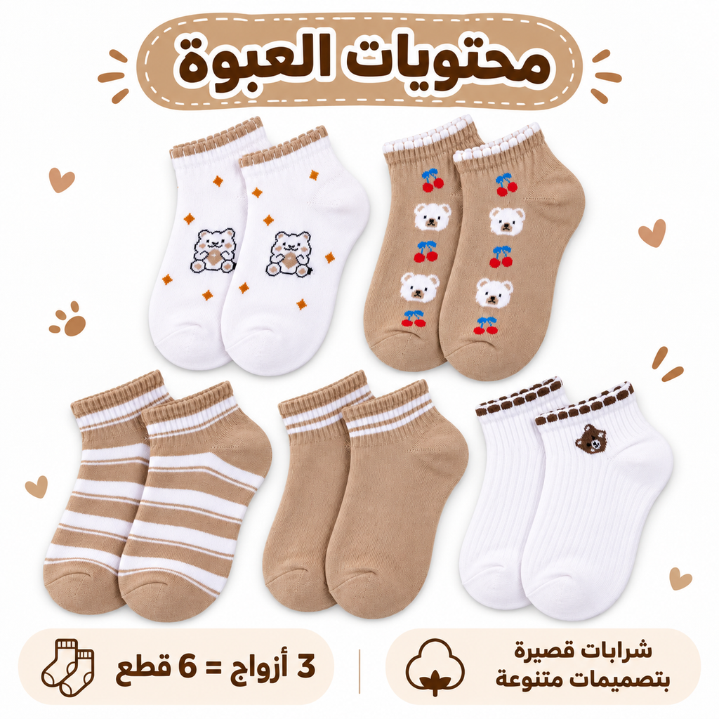 Set of three 7AGAT cotton ankle socks with colorful assorted patterns, soft knitted everyday socks for comfortable wear.