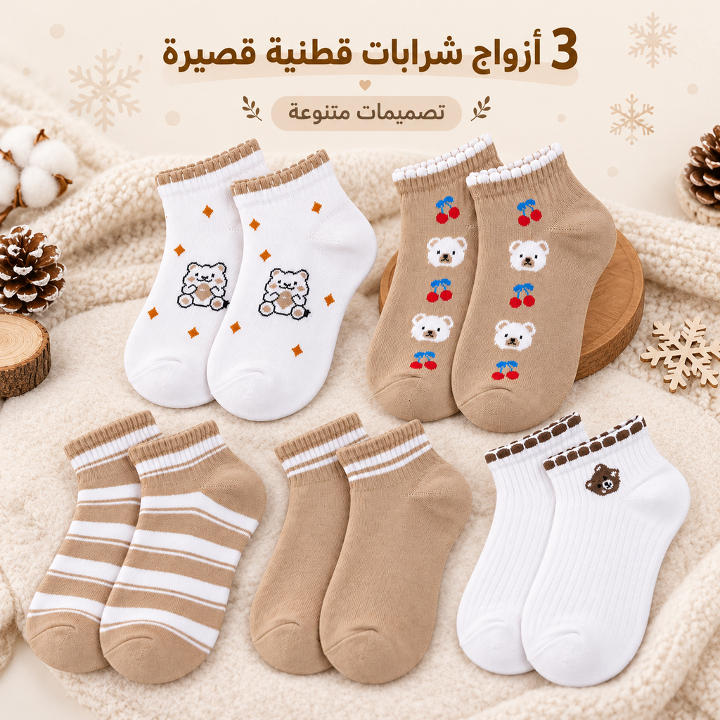 Set of three 7AGAT cotton ankle socks with assorted patterned, soft knitted design for everyday wear, shown in the image.