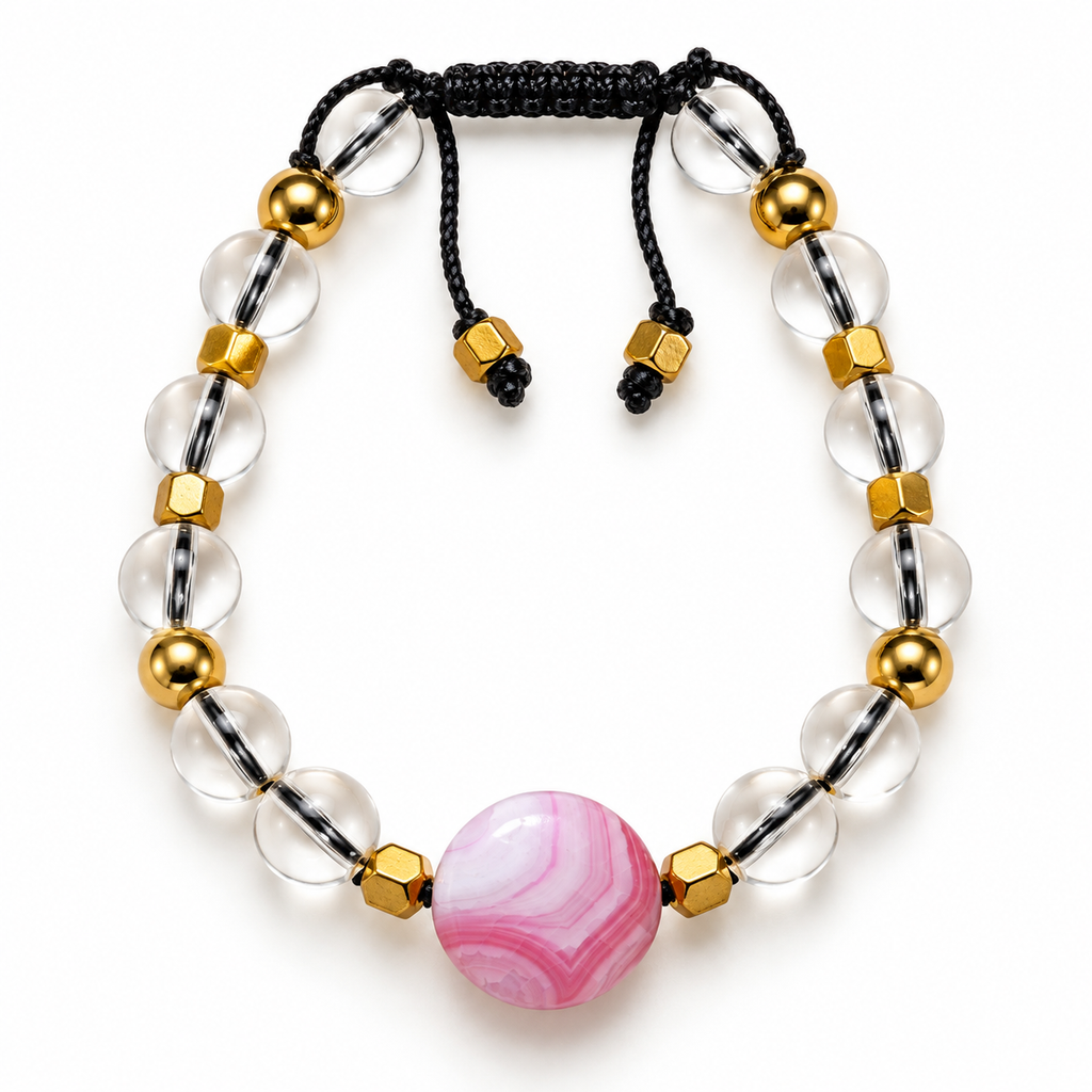Clear Water Glass 8mm Bead Bracelet with Round Pink Agate & Gold Hematite Spacers – 17–18cm - 7AGAT
