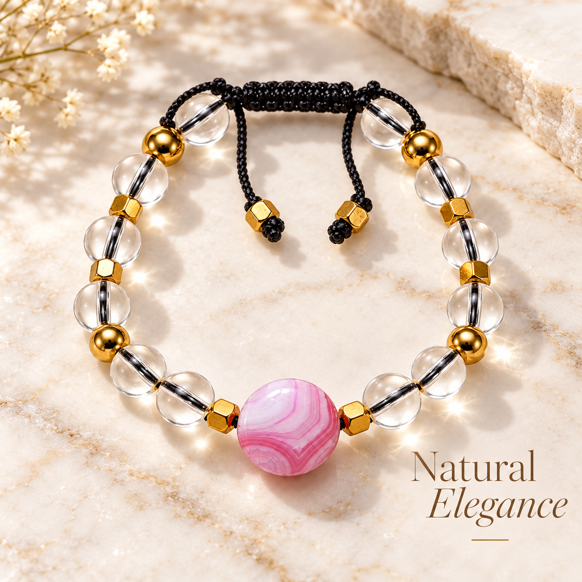 Clear Water Glass 8mm Bead Bracelet with Round Pink Agate & Gold Hematite Spacers – 17–18cm - 7AGAT