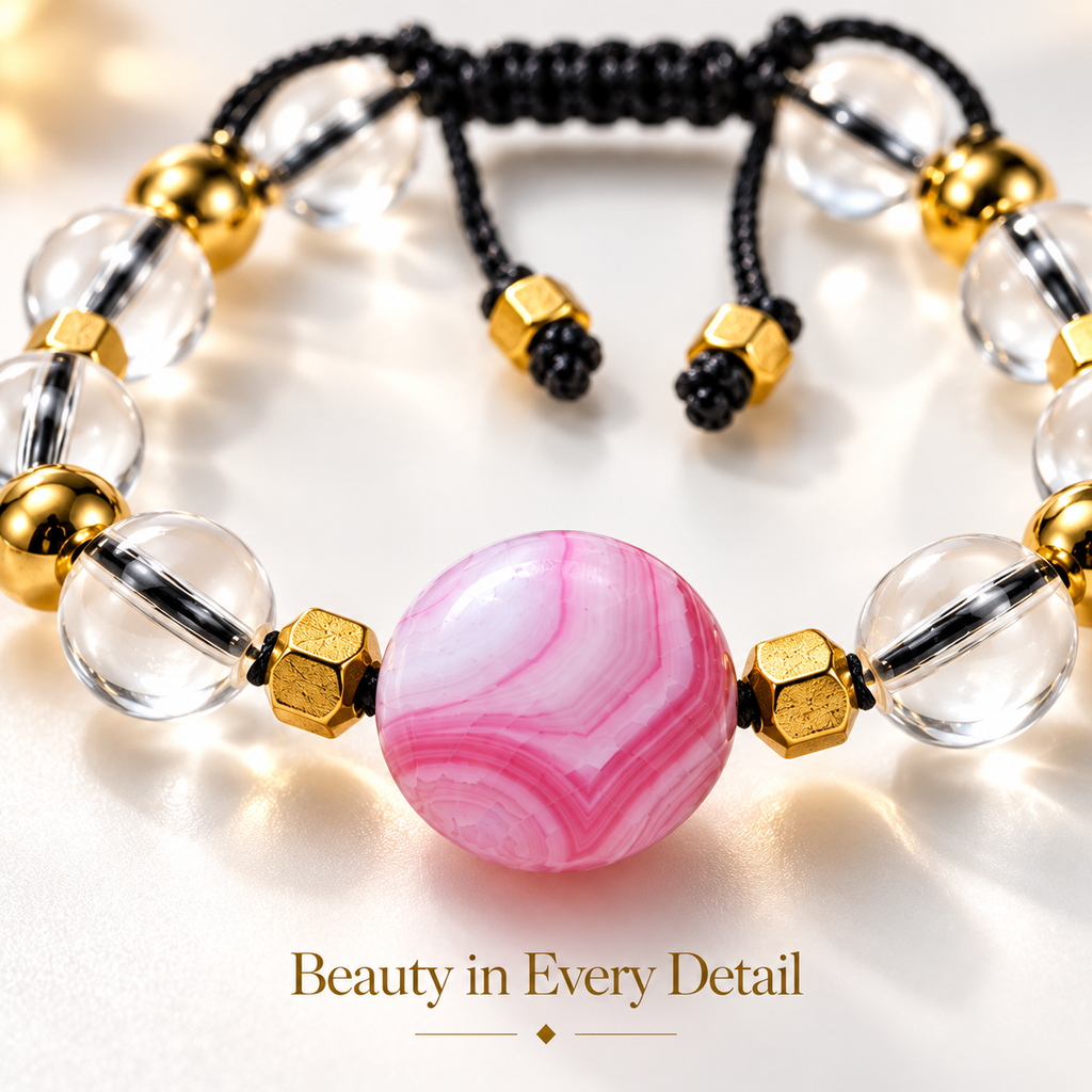 Clear Water Glass 8mm Bead Bracelet with Round Pink Agate & Gold Hematite Spacers – 17–18cm - 7AGAT