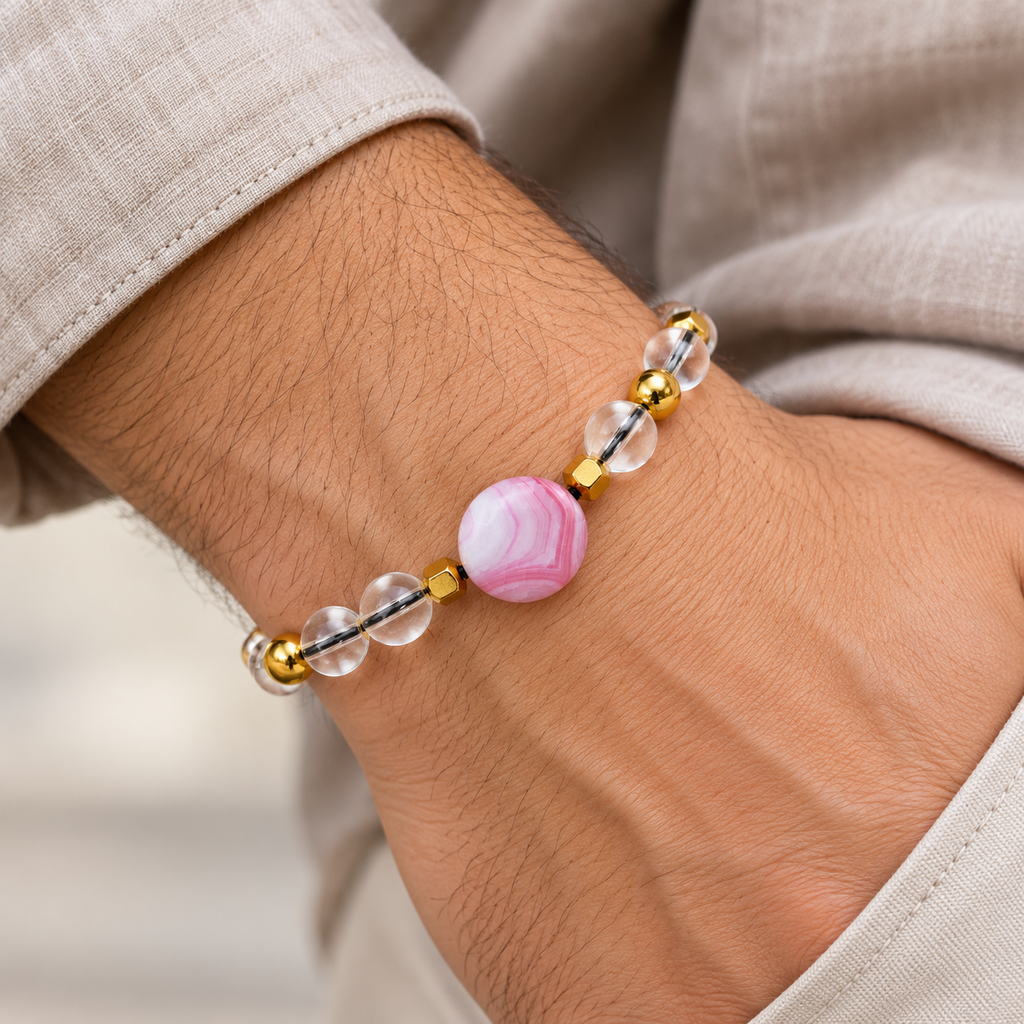 Clear Water Glass 8mm Bead Bracelet with Round Pink Agate & Gold Hematite Spacers – 17–18cm - 7AGAT